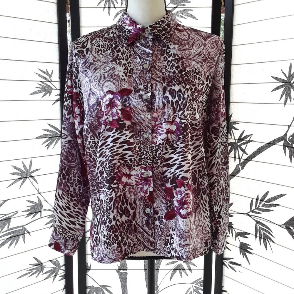 Vintage 1990s Purple White Satin Animal Print Button Down Shirt